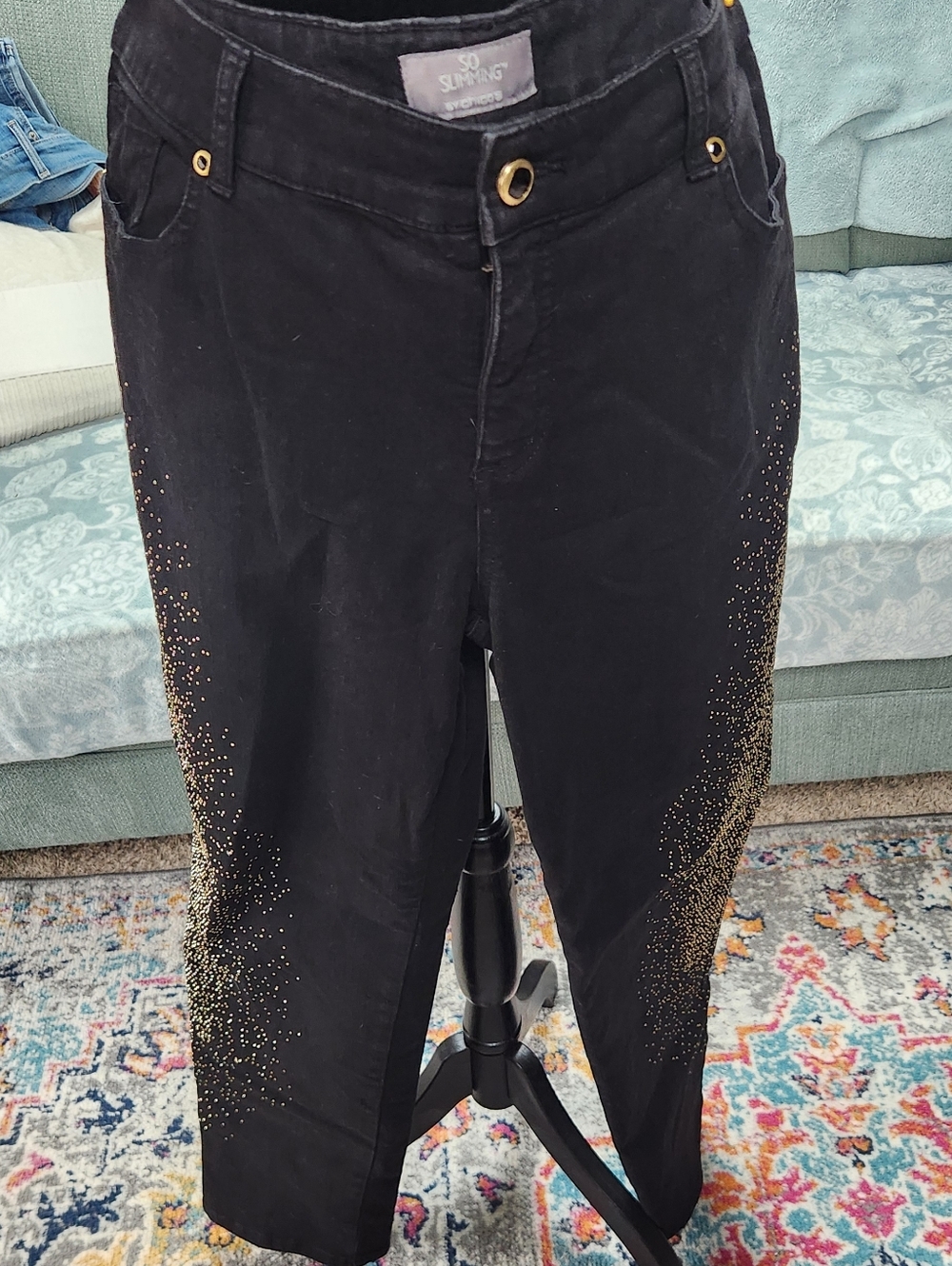 Chico's So Slimming Black Jeans with Gold Accent Large
